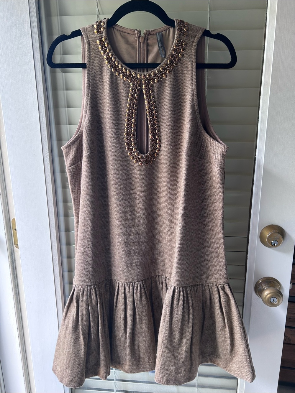 Anthropologie Tan Herringbone Sleeveless Dress w/Bronze Bead Detail&Pleated Hem.